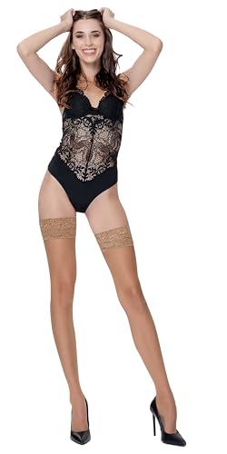 POSE 20 DEN Elasthan halterlose transparente Strümpfe mit gemusterter Spitze, Feinstrümpfe in S M L XL XXL Plus Größen, 2, beige von POSE