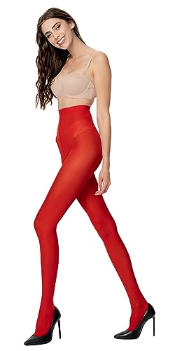 POSE 40 DEN Mikrofaser Strumpfhose für Damen | Reißfest Strumpfhosen mit hoher Taille in Weiß, Schwarz, Rot, Rosa, Blau, Grün, Lila, Braun, Gelb Farbe | 4, rot von POSE