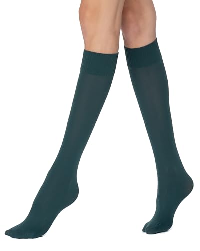 POSE Dicke Kniestrümpfe für Damen 70 DEN aus Mikrofaser | Lange Mikrofaser-Socken | Elastische Damen-Kniestrümpfe Einfarbig Warm Blickdicht, dunkelgrün von POSE