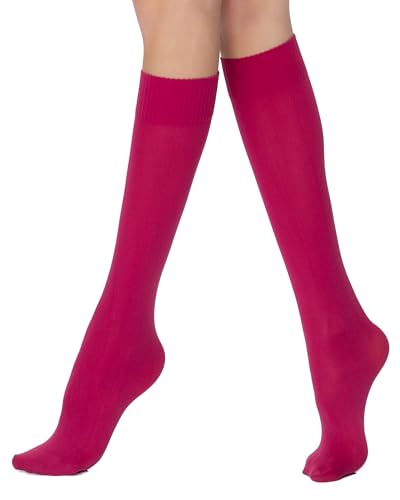 POSE Dicke Kniestrümpfe für Damen 70 DEN aus Mikrofaser | Lange Mikrofaser-Socken | Elastische Damen-Kniestrümpfe Einfarbig Warm Blickdicht, fuchsie von POSE