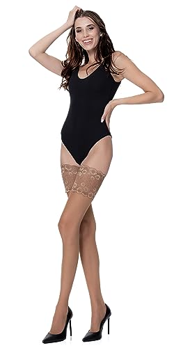 POSE halterlose Strümpfe für Damen mit sexy 15cm breiter Spitze | 20 DEN Elasthan transparent seidenfein Nylons mit breitem Gummi | 5, beige von POSE