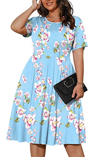 POSESHE Damen 2023 Plus-Size-Kleider für Frauen, kurzärmeliges T-Shirt-Kleid mit verstecktem Bauch, hellblaue Blume, 2XL von POSESHE