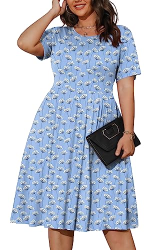 POSESHE Damen-Kleid in Übergröße, Sommer, kurzärmelig, lässig, 2023, Rundhalskleid mit Taschen, Löwenzahnblau, XL von POSESHE