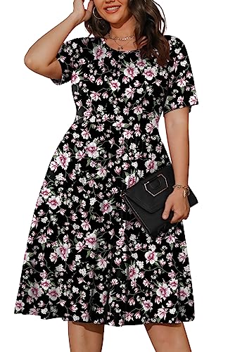 POSESHE Damen-Kleid in Übergröße, Sommer, kurzärmelig, lässig, 2023, Rundhalskleid mit Taschen, Schwarz, Rosa, Blumenmuster, 2XL von POSESHE