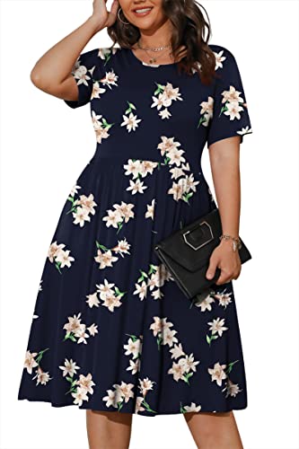 POSESHE Damen-Kleider in Übergröße, Sommer, kurzärmelig, lässig, 2023, Rundhalskleid mit Taschen, Blue Lily, 3XL von POSESHE