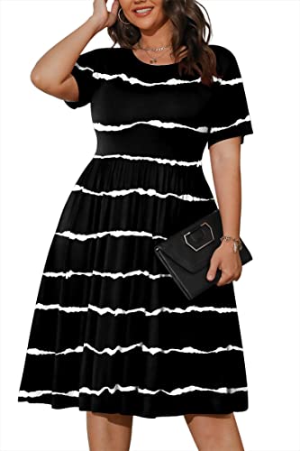POSESHE Damen-Kleider in Übergröße, Sommer, kurzärmelig, lässig, 2023, Rundhalskleid mit Taschen, schwarz gestreift, 4XL von POSESHE