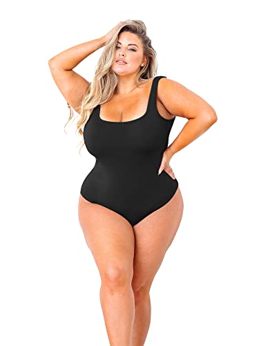 POSESHE Damen Plus Größe Body-Tank-Top Ärmellos Quadratischer Ausschnitt Outfits,Black，0X von POSESHE