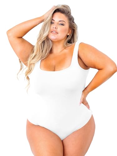 POSESHE Damen Plus Größe Body-Tank-Top Ärmellos Quadratischer Ausschnitt Outfits,White，0X von POSESHE