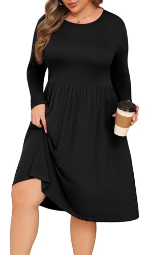 POSESHE Damen Plus Size Casual Langarm Kleider Empire Taille Lose Kleid mit tiefen Taschen, 01-schwarz, XL von POSESHE