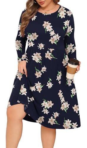 POSESHE, Damenkleider in Übergröße, Lange Ärmel, Rundhalsausschnitt, Freizeitkleider, Empire-Taille, locker, fließendes Kleid mit Taschen, Blau (Blue Lily), XXX-Large Mehr von POSESHE