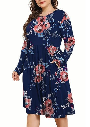 POSESHE Damen Plus Size Kleider Lange Ärmel Rundhalsausschnitt Freizeitkleider Empire-Taille Lose Flowy Kleid mit Taschen, Marineblau/Blumenmuster, 4XL von POSESHE