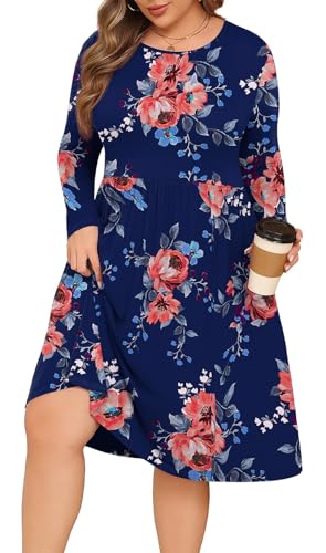 POSESHE, Damenkleider in Übergröße, Lange Ärmel, Rundhalsausschnitt, Freizeitkleider, Empire-Taille, locker, fließendes Kleid mit Taschen, Marineblau/Blumenmuster, 4XL von POSESHE