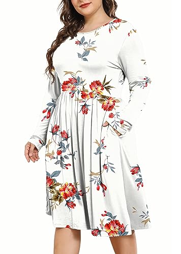 POSESHE Damen Plus Size Kleider Lange Ärmel Rundhalsausschnitt Freizeitkleider Empire-Taille Lose Flowy Kleid mit Taschen, Rosenweiß, XXX-Large Mehr von POSESHE