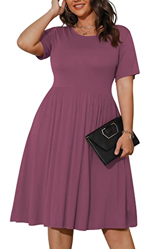 POSESHE Damen Plus Size Kurzarm Frühling Sommer Kleider Lässige Kleider mit fließendem Saum Einfarbig mit Taschen, Lila Rot, 3XL von POSESHE