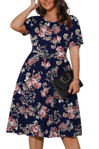 POSESHE Damen Plus Size Kurzarm Lässige Swing-Kleider Sommer Frühling 2023 Kleider mit fließendem Saum,Rose Navy Blue,3XL von POSESHE