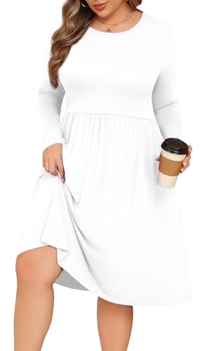 POSESHE, Damenkleider in Übergröße, Lange Ärmel, Rundhalsausschnitt, Freizeitkleider, Empire-Taille, locker, fließendes Kleid mit Taschen, XX-Large Mehr von POSESHE