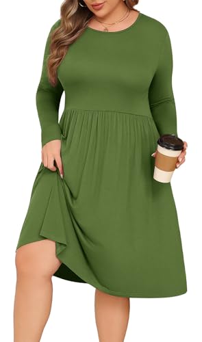 POSESHE, Damenkleider in Übergröße, Lange Ärmel, Rundhalsausschnitt, Freizeitkleider, Empire-Taille, locker, fließendes Kleid mit Taschen, 3XL Große Größen von POSESHE