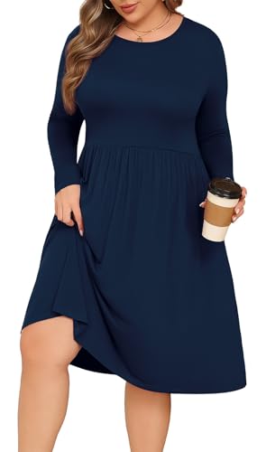 POSESHE Damen Übergröße Kleider Lange Ärmel Rundhals Freizeitkleider Empire Taille Lose Flowy Kleid mit Taschen, C3-Marineblau, XXL Große Größen von POSESHE