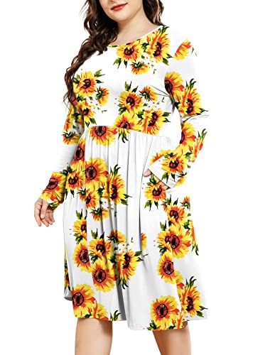 POSESHE Damen Übergröße Kleider Lange Ärmel Rundhals Freizeitkleider Empire Taille Lose Flowy Kleid mit Taschen, C7-Sonnenblume, 3XL Große Größen von POSESHE