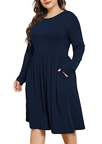 POSESHE Damenkleider in Übergröße, Lange Ärmel, Rundhalsausschnitt, Freizeitkleider, Empire-Taille, locker, fließendes Kleid mit Taschen, C3-Marineblau, XL von POSESHE