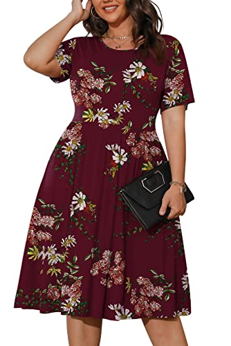 POSESHE Knielange Sommerkleider für Damen in Übergröße, Ferienhaus, Empire-Taille, Kleider mit Taschen, weinrote Blume, 4XL von POSESHE