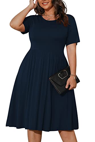 POSESHE Lässige Kurzarm-Kleider für Damen in Übergröße, Sommer, weich und dehnbar, Swing-T-Shirt-Kleid mit Taschen, Marineblau, 3XL von POSESHE