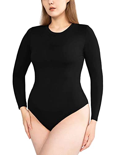 POSESHE Damen Übergröße Bodysuit Top Langarm Body Shaper Outfits,Schwarz,1X von POSESHE