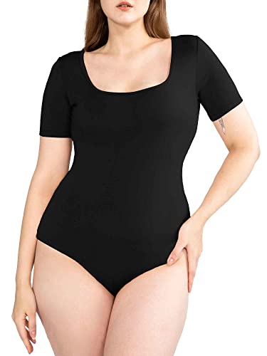 POSESHE Damen-Plus-Size-Bodysuit-Top mit kurzem Ärmel und Body Shaper Outfits,Schwarz,M von POSESHE