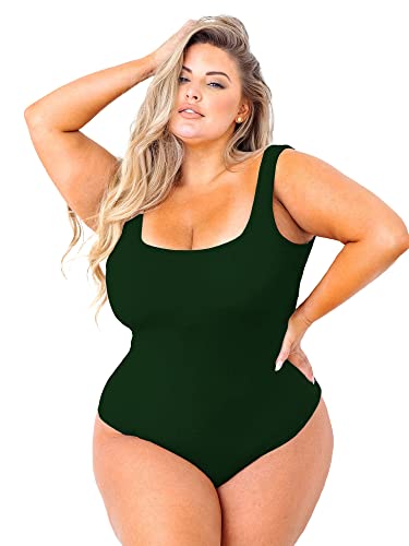 POSESHE Damen Plus Größe Body-Tank-Top Ärmellos Quadratischer Ausschnitt Outfits,Dark Green，2X von POSESHE