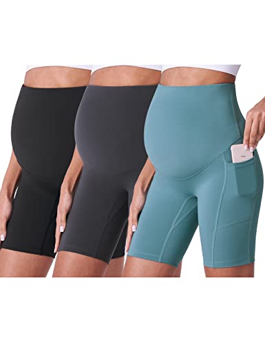 POSHDIVAH 3er-Pack Umstands-Biker-Shorts über dem Bauch, Sommer, bequem, Schwangerschaft, Yoga, aktiv, Workout, athletisch, kurze Hose, 12,7 cm/20,3 cm, Schwarz/Grau/Blau, 20,3 cm, Groß von POSHDIVAH