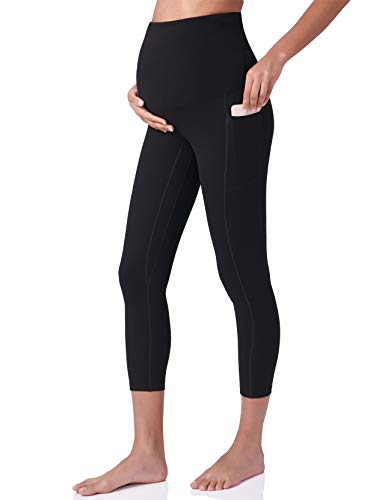 POSHDIVAH Damen Schwangerschaft Capri Leggings über dem Bauch Schwangerschaft Workout Active Stretchy Hose mit Taschen, Schwarz, S von POSHDIVAH