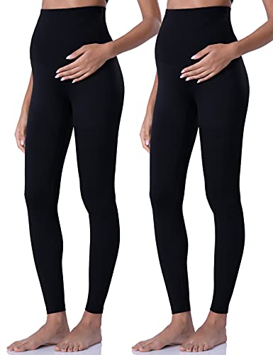 POSHDIVAH Damen Schwangerschafts-Leggings über dem Bauch Schwangerschaft Yoga Hose Active Wear Workout Leggings, 2 Stück, schwarz, S von POSHDIVAH