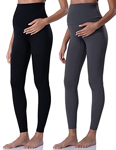 POSHDIVAH Damen Schwangerschafts-Leggings über dem Bauch Schwangerschaft Yoga Hose Active Wear Workout Leggings, Schwarz / Grau, S von POSHDIVAH