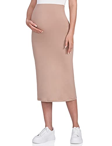 POSHDIVAH Damen Schwangerschaftsrock über dem Bauch Midi hohe Taille Solid Dehnbar Schwangerschaft Bleistiftrock, Khaki, Mittel von POSHDIVAH