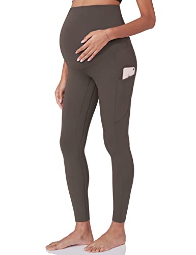 POSHDIVAH Damen Umstands-Workout-Leggings über dem Bauch, Schwangerschaft, Yogahose mit Taschen, weiche Activewear-Arbeitshose, Braun, X-Groß von POSHDIVAH