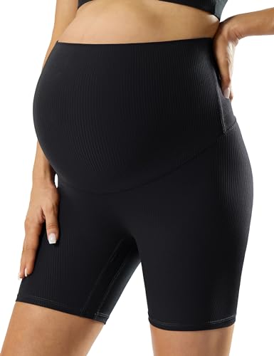 POSHDIVAH Damen-Umstands-Yoga-Shorts, Bauch, Sommer, Workout, Laufen, aktive kurze Hose, 12,7 cm, Schwarz, Klein von POSHDIVAH