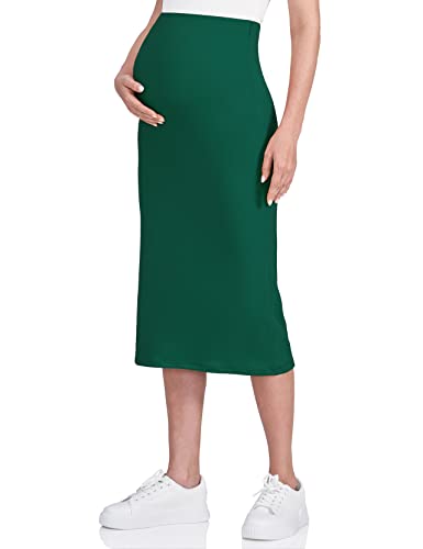 POSHDIVAH Damen Umstandsrock über dem Bauch Midi Hohe Taille Solid Stretchy Schwangerschaft Bleistiftrock, hunter green, Mittel von POSHDIVAH