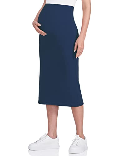 POSHDIVAH Damen Umstandsrock über dem Bauch Midi Hohe Taille Solide Dehnbar Schwangerschaft Bleistiftrock, Marineblau, Klein von POSHDIVAH