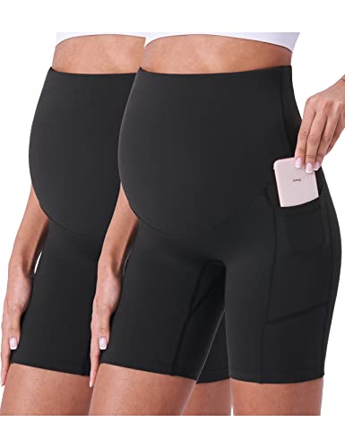 POSHDIVAH Damen Umstandsshorts über dem Bauch Biker Yoga Active Schwangerschaft Workout Kurze Hose mit Taschen 20,3 cm, 2 Stück, schwarz, 20,3 cm, Klein von POSHDIVAH