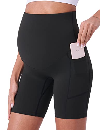 POSHDIVAH Damen Umstandsshorts über dem Bauch Biker Yoga Active Schwangerschaft Workout Kurze Hose mit Taschen 20,3 cm, Schwarz 20,3 cm, Groß von POSHDIVAH