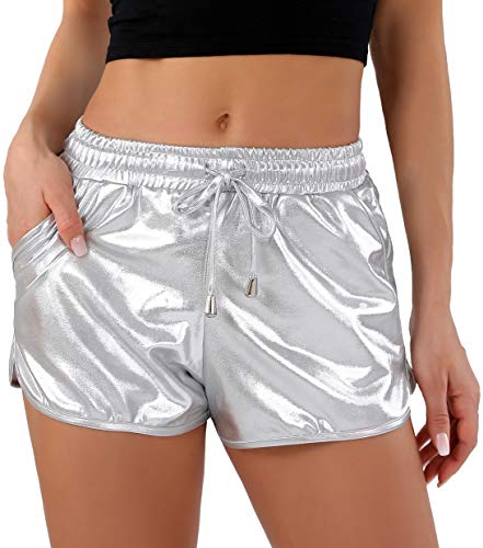 POSHDIVAH Metallic-Shorts für Damen, heiß, glitzernd, glänzende Shorts mit elastischem Kordelzug, silber, Klein POSHDIVAH Metallic-Shorts für Damen, heiß, glitzernd, glänzende Shorts mit elastischem Kordelzug, silber, Klein von POSHDIVAH