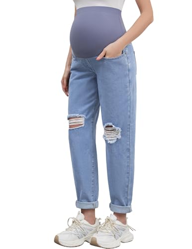 POSHGLAM Damen Schwangerschaftsjeans über dem Bauch, bequeme Stretch Boyfriend-Jeans aus Denim, Schwangerschaftshosen, Größen S–XXL, Groß von POSHGLAM