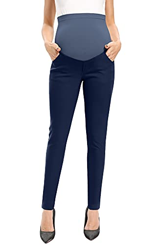 POSHGLAM Damen Umstandshose für Arbeit Casual Pull-on Super Stretch Comfy Slim Skinny Dress Pants, Marineblau, X-Groß von POSHGLAM