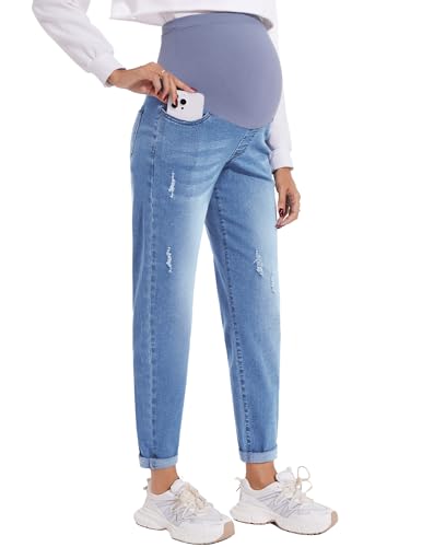 POSHGLAM Damen Umstandsjeans über Bauch Bequeme Stretch Boyfriend Jeans Denim Schwangerschaftshose S-XXL, A04 Blau, X-Groß von POSHGLAM