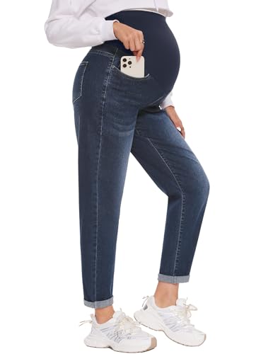 POSHGLAM Damen Umstandsjeans über Bauch Bequeme Stretch Boyfriend Jeans Denim Schwangerschaftshose S-XXL, A05 Retro Blue, X-Groß von POSHGLAM