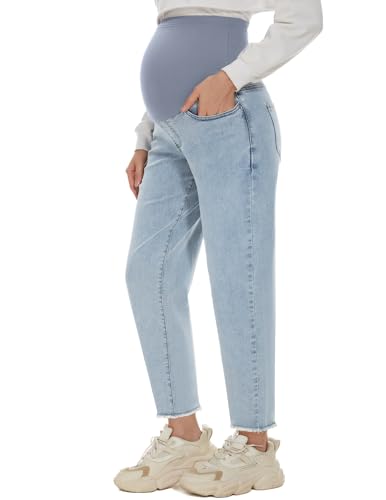 POSHGLAM Damen Schwangerschaftsjeans über dem Bauch, bequeme Stretch Boyfriend-Jeans aus Denim, Schwangerschaftshosen, Größen S–XXL, X-Groß von POSHGLAM