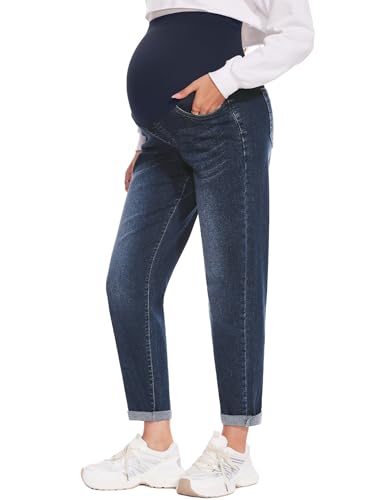 POSHGLAM Damen Umstandsjeans über Bauch Bequeme Stretch Boyfriend Jeans Denim Schwangerschaftshose S-XXL, Retro Blau, XX-Large von POSHGLAM