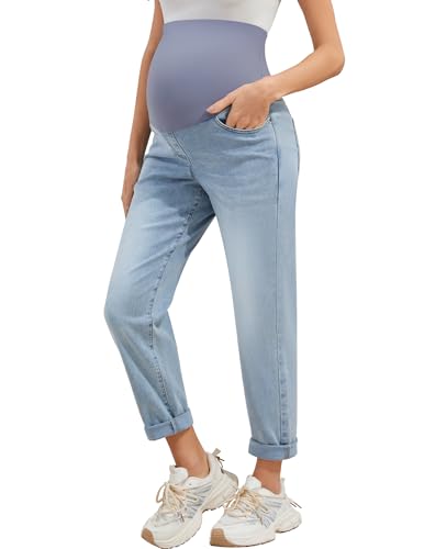 POSHGLAM Damen Umstandsjeans über Bauch Bequeme Stretch Boyfriend Jeans Lose Schwangerschaftshose S-XXL, A10 Washed Light Blue, M von POSHGLAM