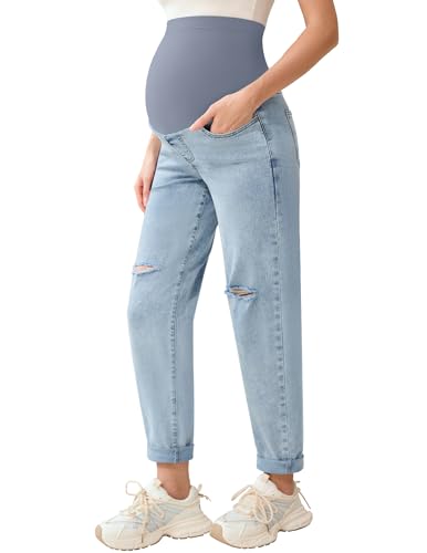 POSHGLAM Damen Umstandsjeans über Bauch Bequeme Stretch Boyfriend Jeans Lose Schwangerschaftshose S-XXL, C01 Ripped Hellblau, Groß von POSHGLAM