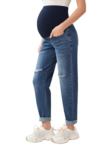 POSHGLAM Damen Umstandsjeans über Bauch Bequeme Stretch Boyfriend Jeans Lose Schwangerschaftshose S-XXL, C02 Ripped Dark Blue, Groß von POSHGLAM